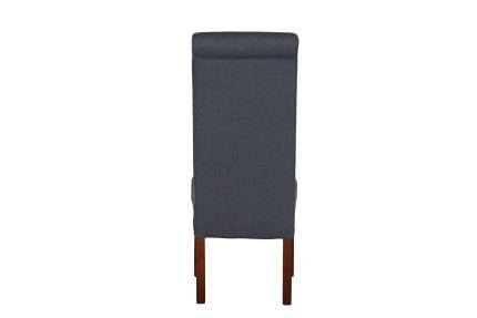 Avalon dining chair in chestnut wood and dark grey fabric back view.