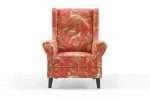 Louis foot stool with bird chinoiserie red gold print upholstery