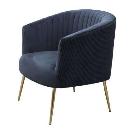 Luxurious black velvet chair with fluted back and gold legs