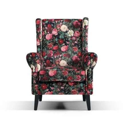 Bliss Wing Chair with floral velvet upholstery and dark timber legs
