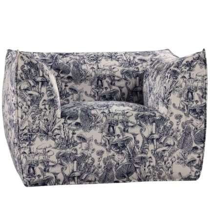 Elegant Toile chair in blue print velvet fabric, 124x95x85H
