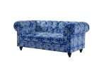 Chesterfield 2 seater lounge in blue white digital print fabric