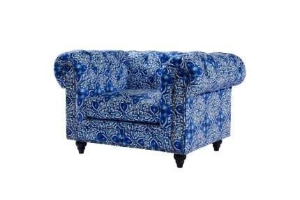 Chesterfield 2 seater lounge in blue and white digital print