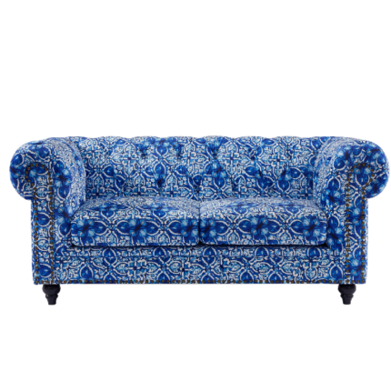 Chesterfield 2 seater lounge with blue and white digital print