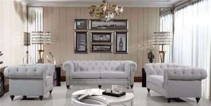 Elegant Chesterfield 2 seater lounge with natural linen fabric