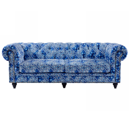 Blue and white digital print Chesterfield 3 seater lounge