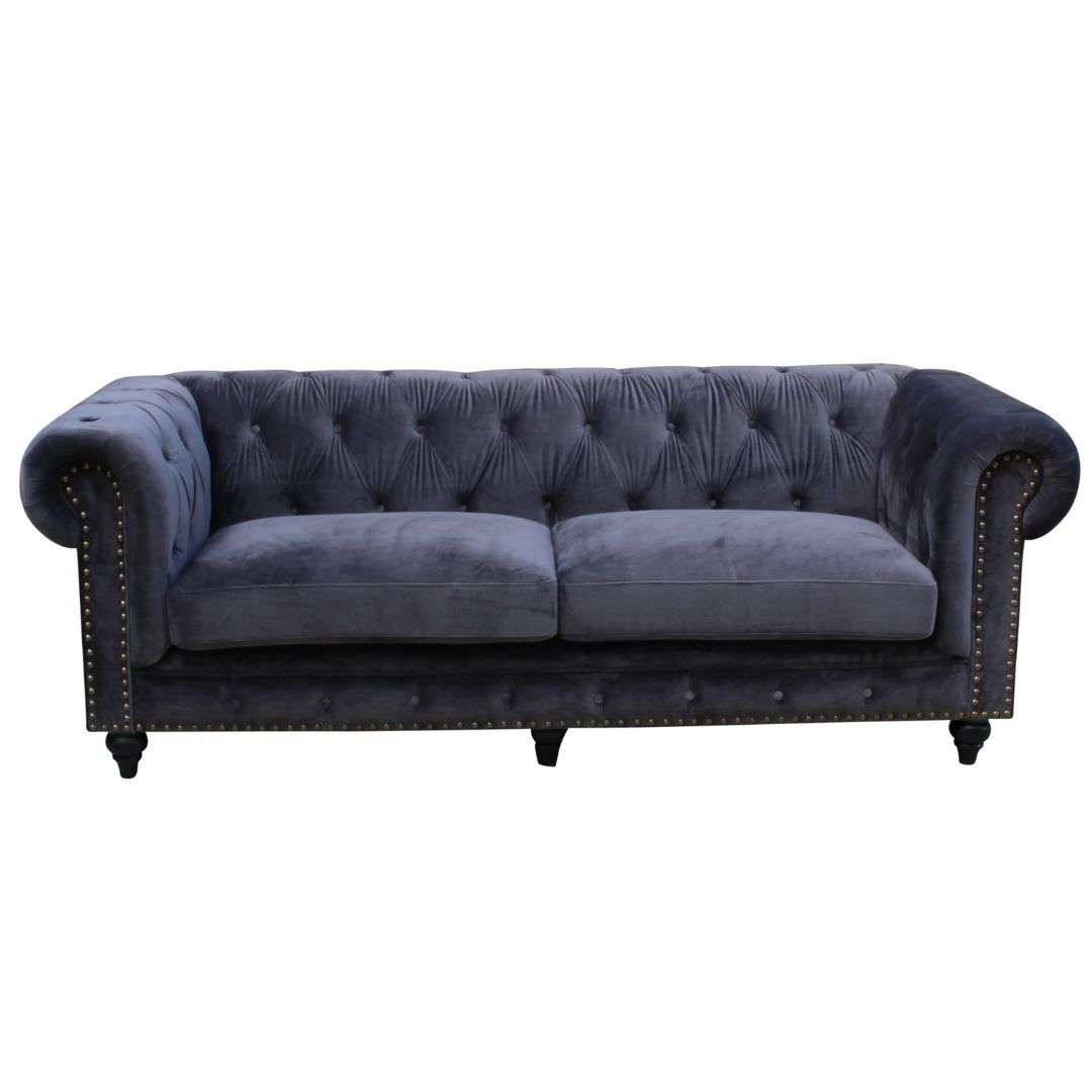 Chesterfield 3 Seater Lounge in Slate Velvet Chesterfield 3 seater sofa upholstered in slate velvet