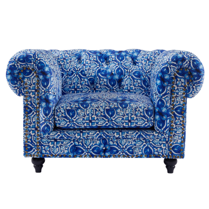 Chesterfield armchair in blue and white digital print, modern design