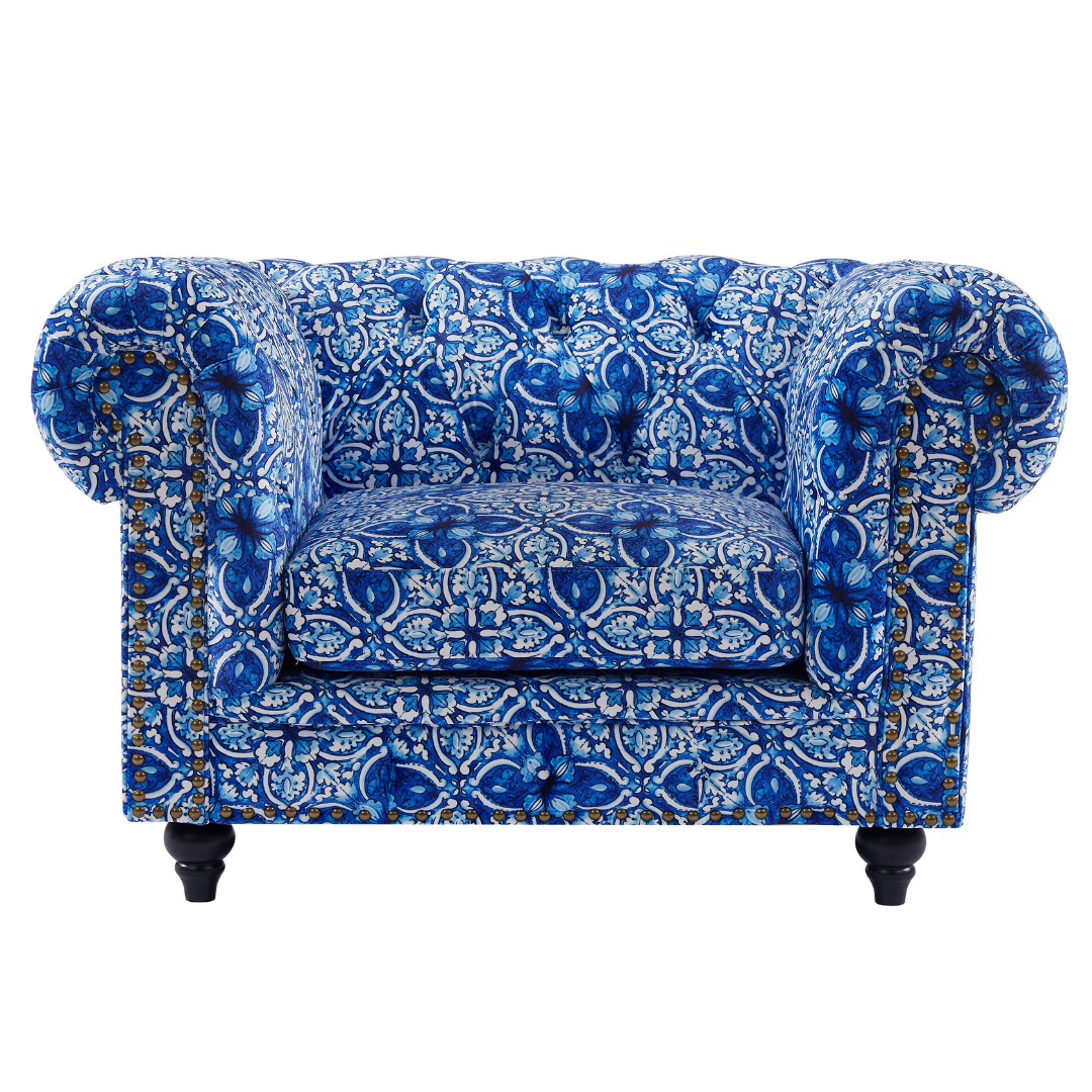 Chesterfield Arm Chair Blue & White Print Chesterfield armchair in blue and white digital print, modern design