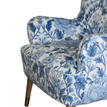 East Hampton Accent Chair in chestnut blue floral velvet with timber legs and brass tips