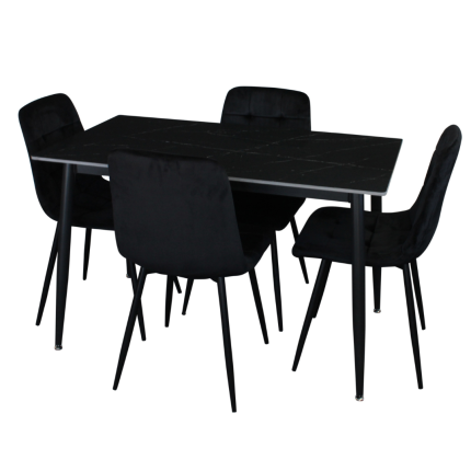 Fiore 5 Piece Dining Set with Black Marble Table and Velvet Chairs
