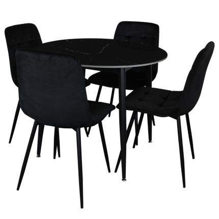 Fiore 5 piece round dining set with black marble and velvet chairs