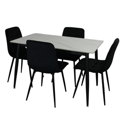 Fiore 5 Piece Dining Set with white marble table and black chairs