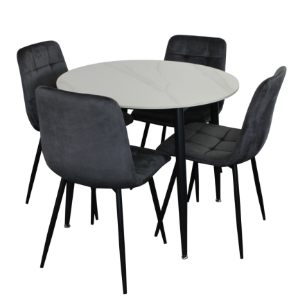 Fiore 5 piece round dining set with white marble table and grey velvet chairs