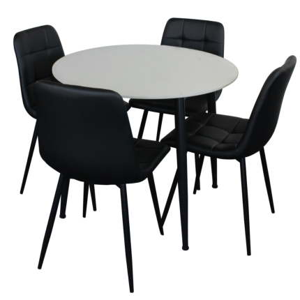 Fiore round dining set with white marble and black faux leather chairs
