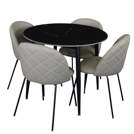 Fiore 5 piece round dining set with black marble table and beige chairs