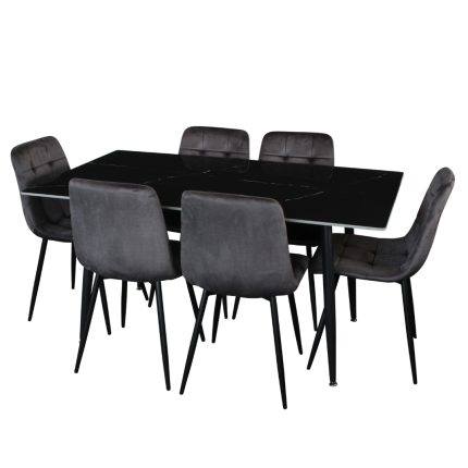 Fiore 7 Piece Dining Set with black marble table and grey velvet chairs