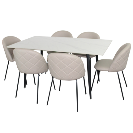 Fiore 7 piece dining set with white marble table and fabric chairs