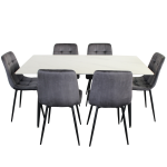 Fiore 7 Piece Dining Set with marble table and grey velvet chairs