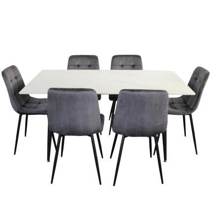 Fiore 7 Piece Dining Set with marble table and grey velvet chairs
