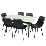Fiore 7 piece dining set with white marble and black faux leather chairs