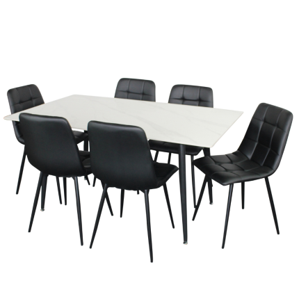 Fiore 7 piece dining set with white marble and black faux leather chairs