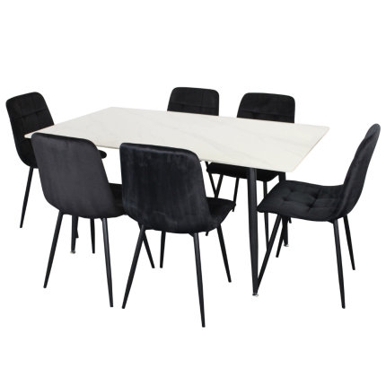 Fiore dining set with white marble table and black velvet chairs
