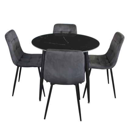 Fiore 5 Piece Round Dining Set with Black Marble Table and Grey Velvet Chairs