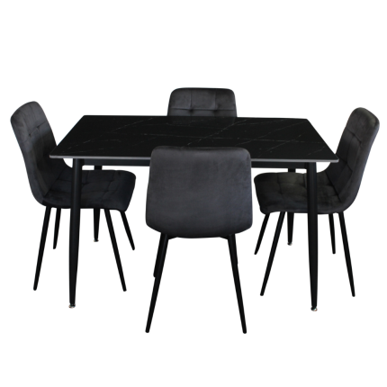 Fiore 5 piece dining set with black marble table and grey velvet chairs