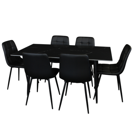 Fiore 7 Piece Dining Set Black Marble Faux Leather Chairs