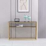 Gianna gold console table with 8mm glass shelf in modern decor