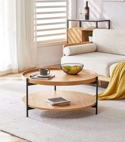 Giorgio Coffee Table with round oak veneer top and shelf