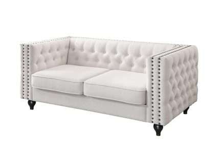 Mayfair 2 Seater Tufted Sofa with natural fabric and stud detailing