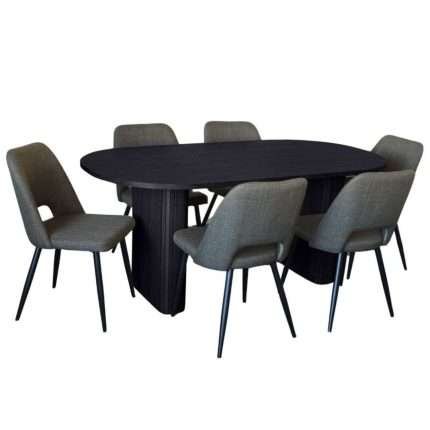 Melba dining set in black with six olive Zara chairs