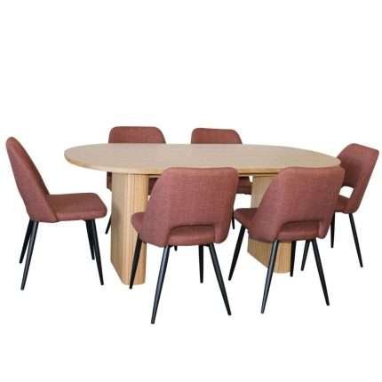 Melba 7 piece dining set with natural timber and russet chairs