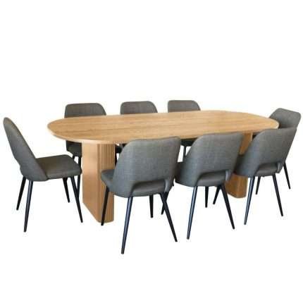 Melba 9 piece dining set with natural finish and olive fabric chairs
