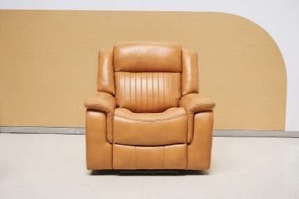 Tan faux leather 2 seater recliner with power motion and cupholders