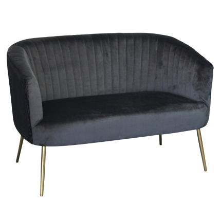Perla 2 seater sofa in black velvet with fluted back and gold legs