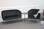 Perla 2 seater black velvet sofa with fluted back and gold legs