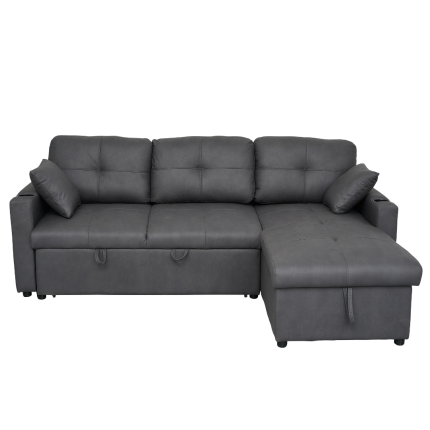 Romy sofa bed with storage chaise in charcoal fabric