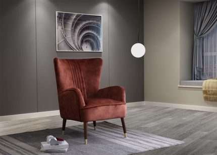 Sherlock Wingback Chair in rust red velvet upholstery
