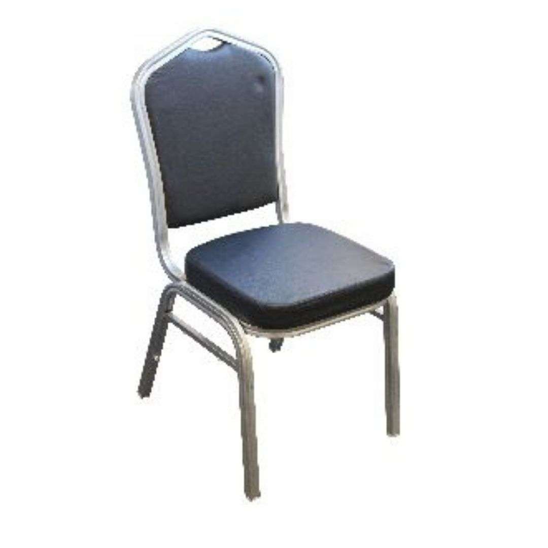 Silver Black Faux Leather Banquet Chair Stackable banquet chair in silver and black faux leather