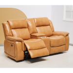 Tan faux leather 2 seater recliner with power motion and cupholders