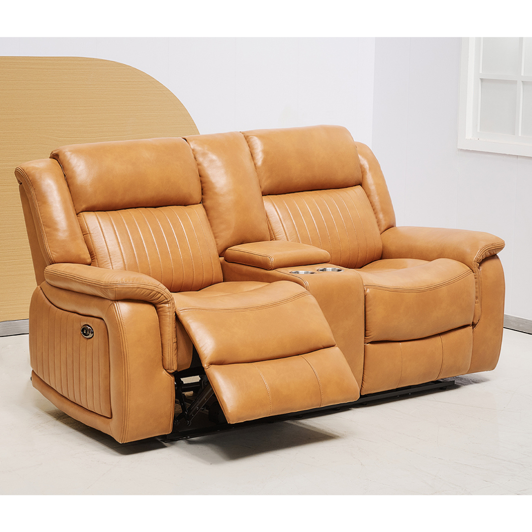 Tan Faux Leather Recliner with Cupholders Tan faux leather 2 seater recliner with power motion and cupholders