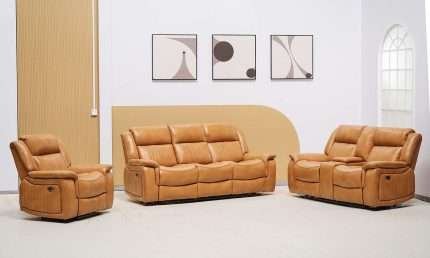 Tan faux leather Paragon Power Motion recliner with console