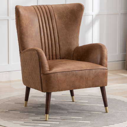 Tan Sherlock Wingback Chair with faux leather upholstery