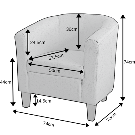 Tasman Tub Chair in Black PU with dimensions 74H x 74W x 70D cm