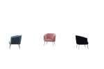 Three Perla chairs in velvet with gold legs: black, pink, and blue