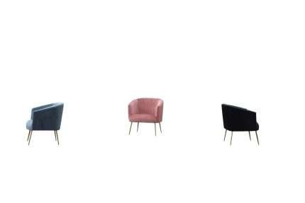Three Perla chairs in velvet with gold legs: black, pink, and blue